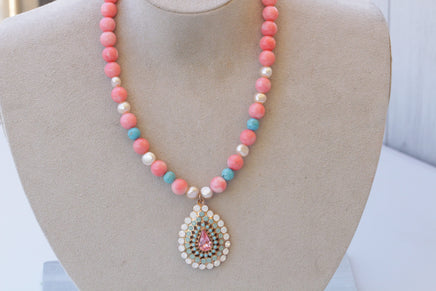 PINK CORAL NECKLACE, Beaded necklace, Anniversary Necklace, Coral Turquoise Opal Necklace, Boho Bridal Necklace, Coral And Pearl Necklace