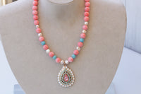 PINK CORAL NECKLACE, Beaded necklace, Anniversary Necklace, Coral Turquoise Opal Necklace, Boho Bridal Necklace, Coral And Pearl Necklace