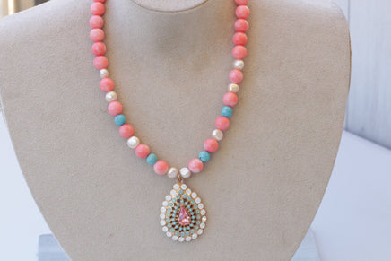 PINK CORAL NECKLACE, Beaded necklace, Anniversary Necklace, Coral Turquoise Opal Necklace, Boho Bridal Necklace, Coral And Pearl Necklace