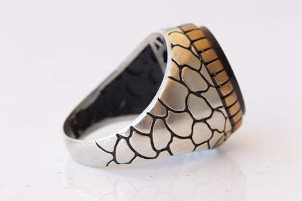 BLACK STONE RING, Men Signet Ring, Mixed Metals Ring, Texture Ring, Big Signet Ring, Seal Ring, Art Deco Ring, Oval Flat Ring, Husband Gift