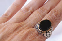 BLACK STONE RING, Men Signet Ring, Mixed Metals Ring, Texture Ring, Big Signet Ring, Seal Ring, Art Deco Ring, Oval Flat Ring, Husband Gift