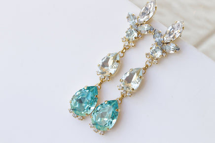 BLUE LONG EARRINGS, Bridal Aquamarine Earrings, Statement Blue Topaz Crystal Earrings,Light Blue Earrings,Wedding Earrings, Dangle Earrings