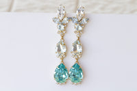 BLUE LONG EARRINGS, Bridal Aquamarine Earrings, Statement Blue Topaz Crystal Earrings,Light Blue Earrings,Wedding Earrings, Dangle Earrings