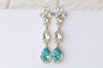 BLUE LONG EARRINGS, Bridal Aquamarine Earrings, Statement Blue Topaz Crystal Earrings,Light Blue Earrings,Wedding Earrings, Dangle Earrings