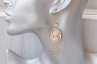 CAMEO EARRINGS, Red And Gold Earrings, Red White Cameo Earring, Heart Shaped Dangle Earrings,Gift For Her, Vintage Jewelry, Red Drop Earring