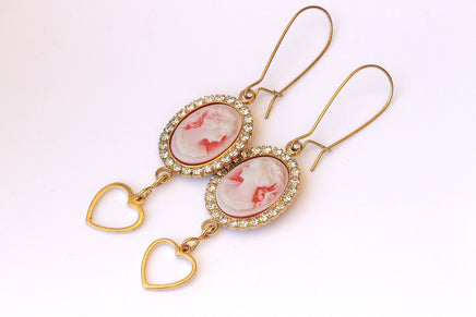 CAMEO EARRINGS, Red And Gold Earrings, Red White Cameo Earring, Heart Shaped Dangle Earrings,Gift For Her, Vintage Jewelry, Red Drop Earring