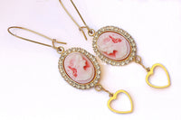 CAMEO EARRINGS, Red And Gold Earrings, Red White Cameo Earring, Heart Shaped Dangle Earrings,Gift For Her, Vintage Jewelry, Red Drop Earring
