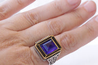 BLUE STONE RING, Geometric Stone Ring, Silver Sterling Sapphire Crystal Ring, Husband Gift Idea, Brass Silver Ring, Mens Signet Unique Ring