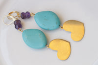TURQUOISE AND AMETHYST Earrings, Beaded Earrings, Turquoise earrings Gold, Blue Purple earrings, Heart Shaped jewelry, gift for Girlfriend