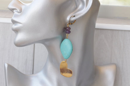 TURQUOISE AND AMETHYST Earrings, Beaded Earrings, Turquoise earrings Gold, Blue Purple earrings, Heart Shaped jewelry, gift for Girlfriend