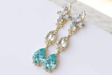 BLUE LONG EARRINGS, Bridal Aquamarine Earrings, Statement Blue Topaz Crystal Earrings,Light Blue Earrings,Wedding Earrings, Dangle Earrings
