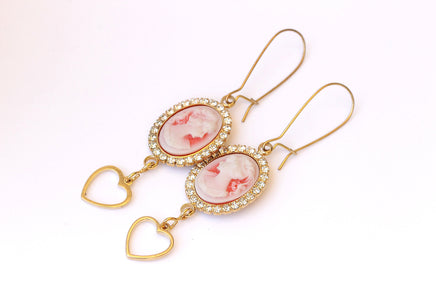 CAMEO EARRINGS, Red And Gold Earrings, Red White Cameo Earring, Heart Shaped Dangle Earrings,Gift For Her, Vintage Jewelry, Red Drop Earring