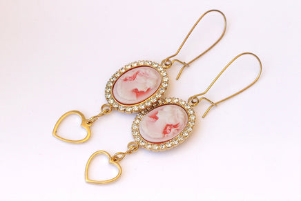 CAMEO EARRINGS, Red And Gold Earrings, Red White Cameo Earring, Heart Shaped Dangle Earrings,Gift For Her, Vintage Jewelry, Red Drop Earring
