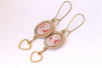 CAMEO EARRINGS, Red And Gold Earrings, Red White Cameo Earring, Heart Shaped Dangle Earrings,Gift For Her, Vintage Jewelry, Red Drop Earring