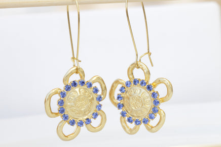 Gold And Blue earrings. Sapphire crystal earrings, Bridesmaid gifts, Dangle Flowers earrings, Women's earrings, Gold Drop earrings