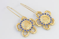 Gold And Blue earrings. Sapphire crystal earrings, Bridesmaid gifts, Dangle Flowers earrings, Women's earrings, Gold Drop earrings