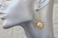 Gold And Blue earrings. Sapphire crystal earrings, Bridesmaid gifts, Dangle Flowers earrings, Women's earrings, Gold Drop earrings