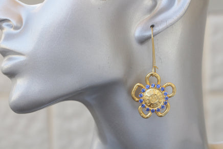Gold And Blue earrings. Sapphire crystal earrings, Bridesmaid gifts, Dangle Flowers earrings, Women's earrings, Gold Drop earrings