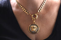 GOLD COIN NECKLACE, Chunky Necklace, Black Gold Chunky Necklace, Rhinestone Coin Necklace, Medallion Big Pendant,Statement Gold Link Choker