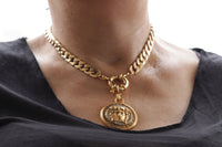 GOLD COIN NECKLACE, Chunky Necklace, Black Gold Chunky Necklace, Rhinestone Coin Necklace, Medallion Big Pendant,Statement Gold Link Choker
