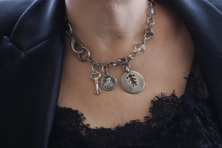 COIN KEY NECKLACE, Silver Coin Chunky Necklace,Boho Luck Necklace, Statement Child Charms necklace, Crystals beads Necklace, Mother Day Gift