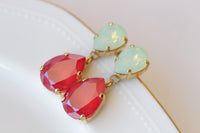 Coral Mint Earrings, Statement Red Mint Opal Drop Earrings, Coral Crystal Earrings,Teardrop Green Mint Opal Bridal Dangle Christmas Earrings