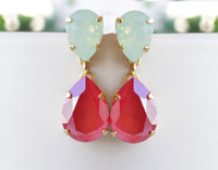 Coral Mint Earrings, Statement Red Mint Opal Drop Earrings, Coral Crystal Earrings,Teardrop Green Mint Opal Bridal Dangle Christmas Earrings