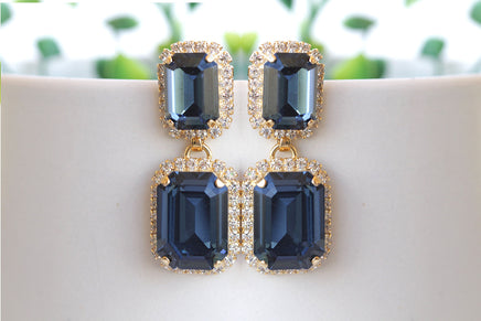 NAVY BLUE EARRINGS, Dark Blue Wedding Earrings, Long Blue Earrings, Blue Gold Crystal Earrings, Art Deco Earrings, Vintage Bride Chandeliers