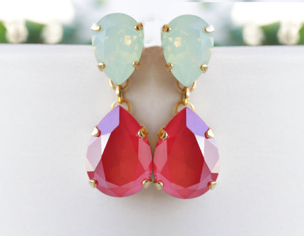 Coral Mint Earrings, Statement Red Mint Opal Drop Earrings, Coral Crystal Earrings,Teardrop Green Mint Opal Bridal Dangle Christmas Earrings