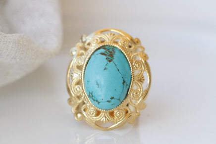 Large Genuine turquoise Ring, Filigree Big Ring, Estate jewelry gift for her, Blue Ring and earring Set,Statement Chunky Gold Turquoise Ring