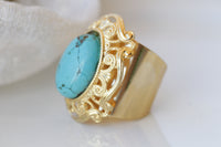Large Genuine turquoise Ring, Filigree Big Ring, Estate jewelry gift for her, Blue Ring and earring Set,Statement Chunky Gold Turquoise Ring