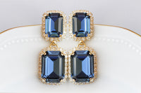 NAVY BLUE EARRINGS, Dark Blue Wedding Earrings, Long Blue Earrings, Blue Gold Crystal Earrings, Art Deco Earrings, Vintage Bride Chandeliers