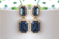 NAVY BLUE EARRINGS, Dark Blue Wedding Earrings, Long Blue Earrings, Blue Gold Crystal Earrings, Art Deco Earrings, Vintage Bride Chandeliers