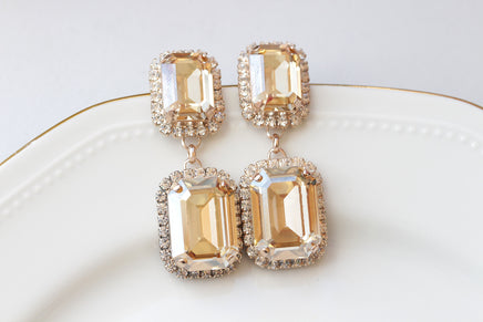 CHAMPAGNE EARRINGS, Gold Formal Wedding Earrings, Long Earrings, Rose Gold Topaz Earrings, Square Statement Earrings,Jewelry For Bridal gift