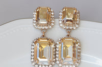 CHAMPAGNE EARRINGS, Gold Formal Wedding Earrings, Long Earrings, Rose Gold Topaz Earrings, Square Statement Earrings,Jewelry For Bridal gift