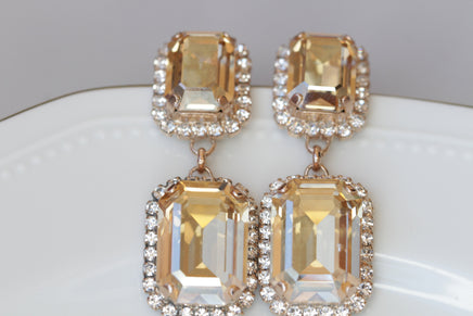 CHAMPAGNE EARRINGS, Gold Formal Wedding Earrings, Long Earrings, Rose Gold Topaz Earrings, Square Statement Earrings,Jewelry For Bridal gift
