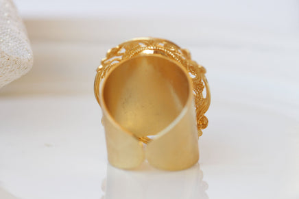 RED STONE RING, Crystal Coral Gold Ring, Filigree Big Ring, Estate jewelry gift for Woman, Statement Chunky Ring, Cocktail Adjustable Ring