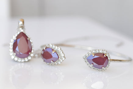 BURGUNDY NECKLACE Vintage Looking Jewelry Set, Bridesmaid Maroon Necklace, Bordeaux Bridal Necklace, Classic Necklace Earrings Bracelet Set