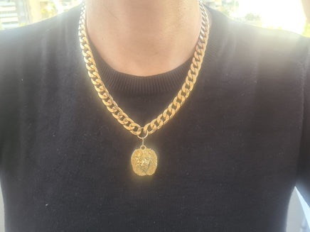 GOLD COIN NECKLACE, Unisex Chunky Necklace,Unique Gold Chunky Necklace, Lion Coin Necklace, Woman Big Pendant,Statement Gold Link Choker
