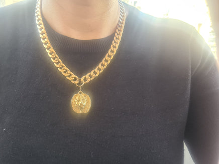 GOLD COIN NECKLACE, Unisex Chunky Necklace,Unique Gold Chunky Necklace, Lion Coin Necklace, Woman Big Pendant,Statement Gold Link Choker