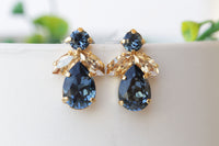 NAVY Blue Champagne EARRINGS, Blue Navy Bridesmaid Studs, Elegant Cluster Earrings For Bridal Wedding, Dark Blue and Gold Cocktail Earrings