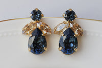 NAVY Blue Champagne EARRINGS, Blue Navy Bridesmaid Studs, Elegant Cluster Earrings For Bridal Wedding, Dark Blue and Gold Cocktail Earrings