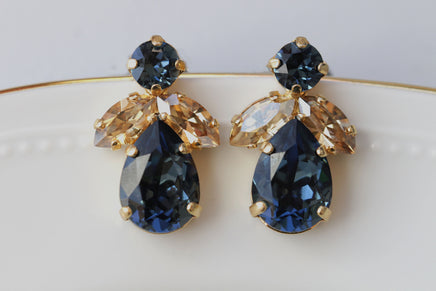 NAVY Blue Champagne EARRINGS, Blue Navy Bridesmaid Studs, Elegant Cluster Earrings For Bridal Wedding, Dark Blue and Gold Cocktail Earrings