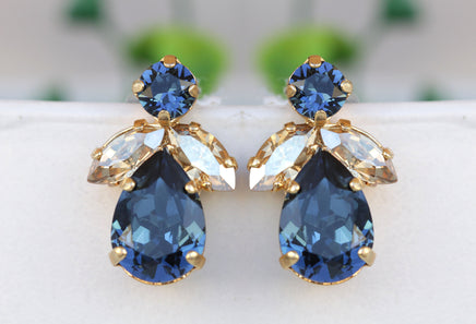 NAVY Blue Champagne EARRINGS, Blue Navy Bridesmaid Studs, Elegant Cluster Earrings For Bridal Wedding, Dark Blue and Gold Cocktail Earrings