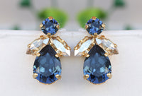NAVY Blue Champagne EARRINGS, Blue Navy Bridesmaid Studs, Elegant Cluster Earrings For Bridal Wedding, Dark Blue and Gold Cocktail Earrings