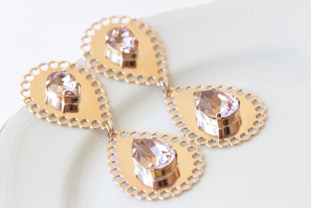 Rose Gold BRIDAL EARRINGS, Blush Pink Wedding Earrings, Morganite Crystal Earrings, Extra Large Statement Earrings, Mother Of The bride gift