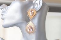 Rose Gold BRIDAL EARRINGS, Blush Pink Wedding Earrings, Morganite Crystal Earrings, Extra Large Statement Earrings, Mother Of The bride gift