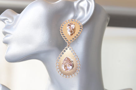 Rose Gold BRIDAL EARRINGS, Blush Pink Wedding Earrings, Morganite Crystal Earrings, Extra Large Statement Earrings, Mother Of The bride gift
