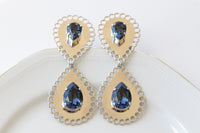 Navy Blue BRIDAL EARRINGS, Dark Blue Wedding Evening  Earrings, Teardrop Formal Earrings, Silver Blue Extra Large Long Statement Earrings
