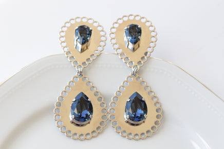 Navy Blue BRIDAL EARRINGS, Dark Blue Wedding Evening  Earrings, Teardrop Formal Earrings, Silver Blue Extra Large Long Statement Earrings